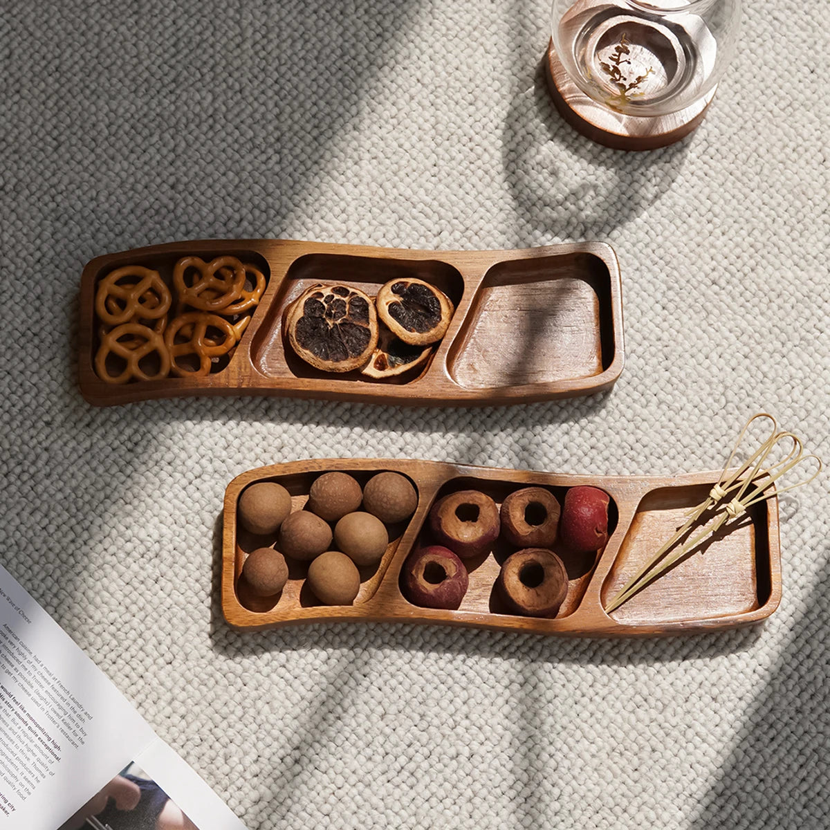 1pc de madeira três compartimentos quatro compartimentos curvo lanche placa rasa, bandeja de doces de frutas secas, tempero mergulhando placa rasa, adequado para festa de férias, jantar de família, prato de exibição de bolo de sobremesa, bandeja de biscoito de lanche de café, bandeja decorativa