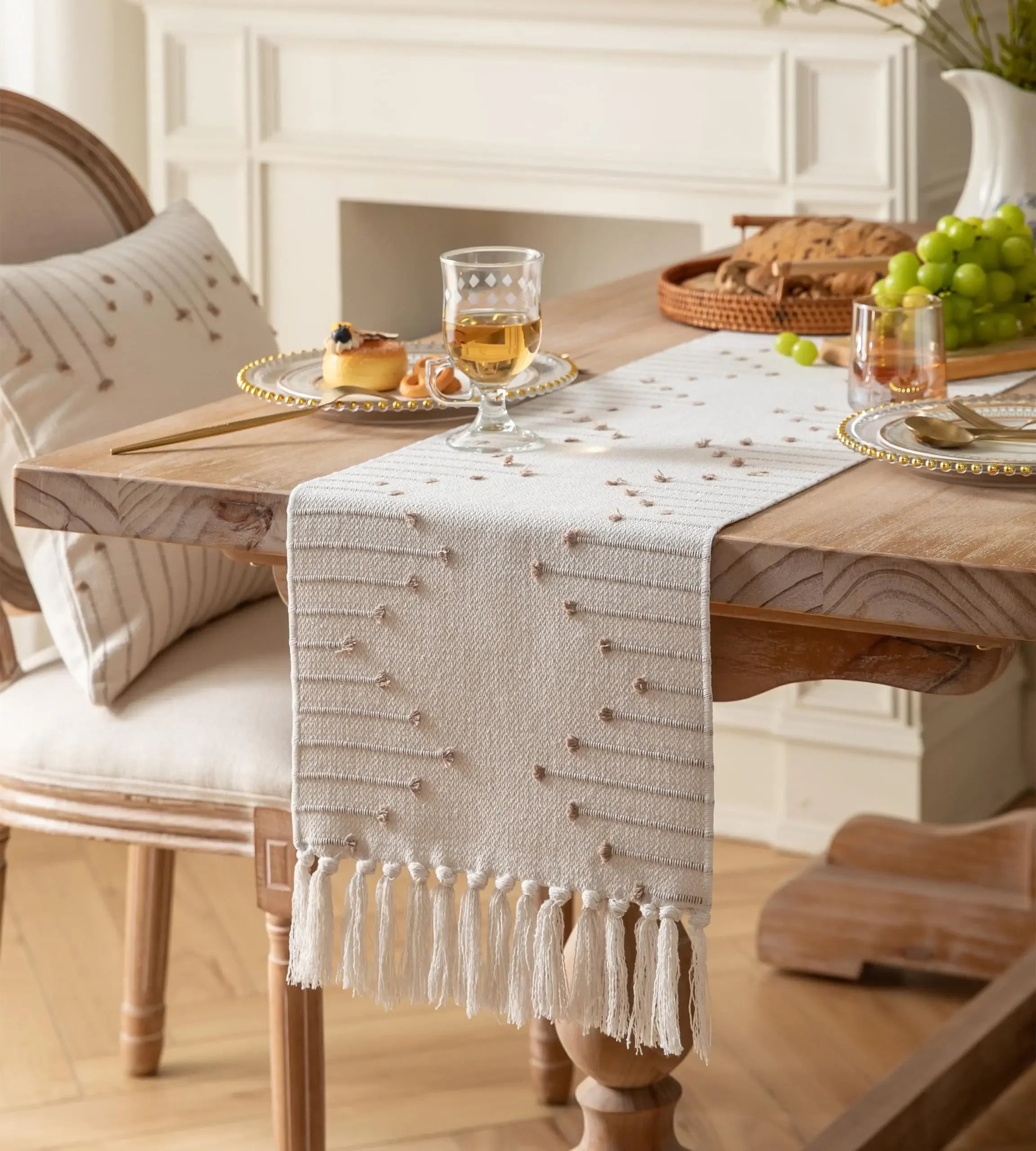 Corredor de mesa boho de algodão natural com borlas para decoração de mesa de jantar em casa, para decoração moderna de fazenda