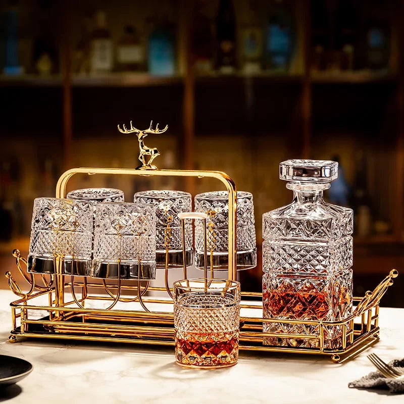 Conjunto de copo de uísque de vidro cristal esculpido cerveja copo de água casa bar drinkware conjunto qualidade premium garrafa de licor de vidro coleção