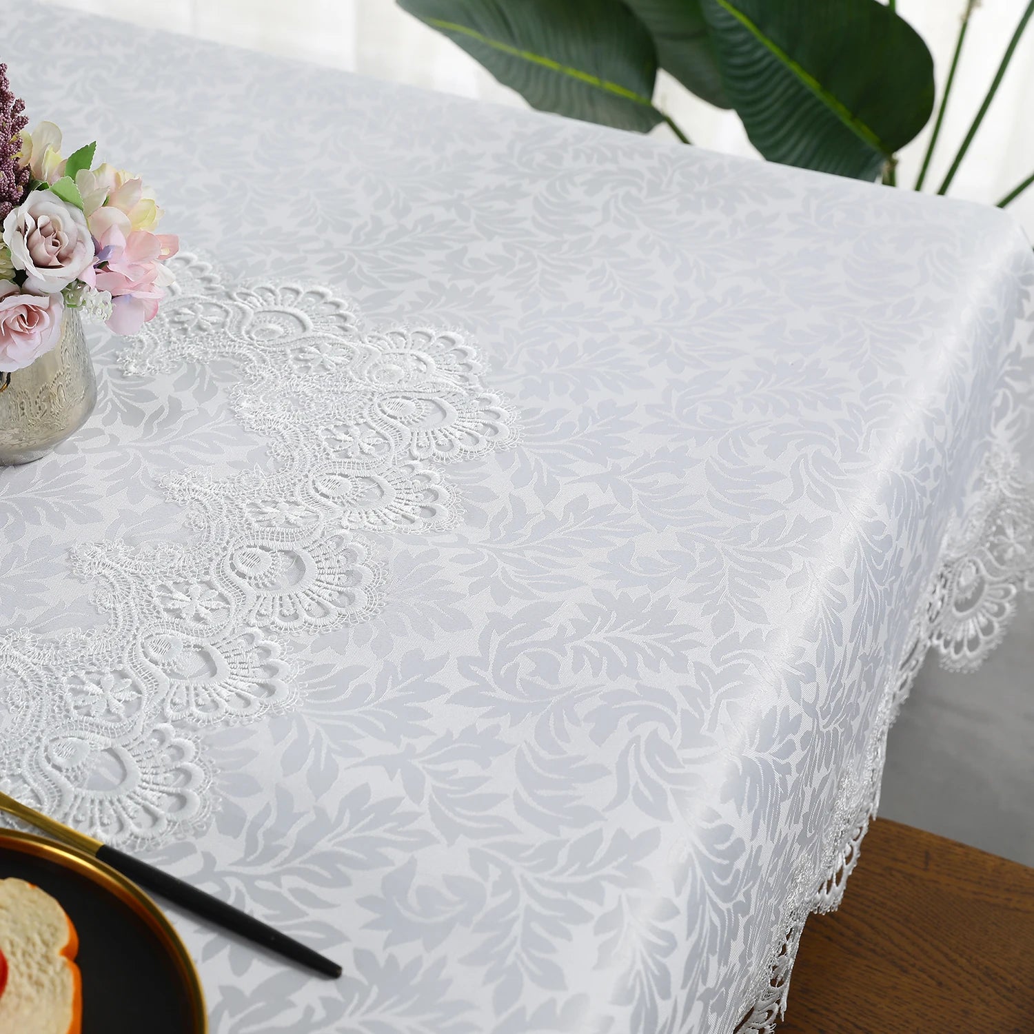 Toalha de mesa bordada de renda batilo, branca, floral, retangular, à prova d'água, para mesa de jantar, festa de casamento, casa
