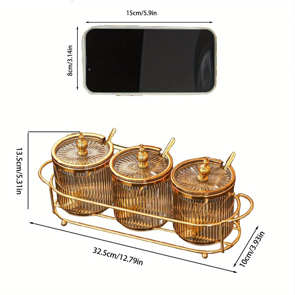 Conjunto Luxo 3 Potes de Temperos com Colher e Rack - Casa Ornato