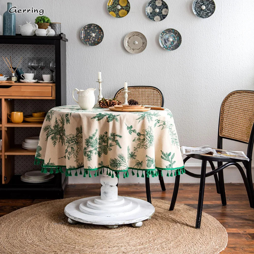 Toalhas De Mesa De Linho De Algodão Redondo, Toalha De Mesa Impressa Verde, Guardanapo Coreano, Tampa De Mesa De Café, Decoração De Casamento