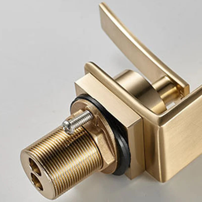 Luxo contemporâneo escovado ouro bacia de água quente & fria torneiras misturadoras pia do banheiro cachoeira bico mistura lavatório metal torneiras