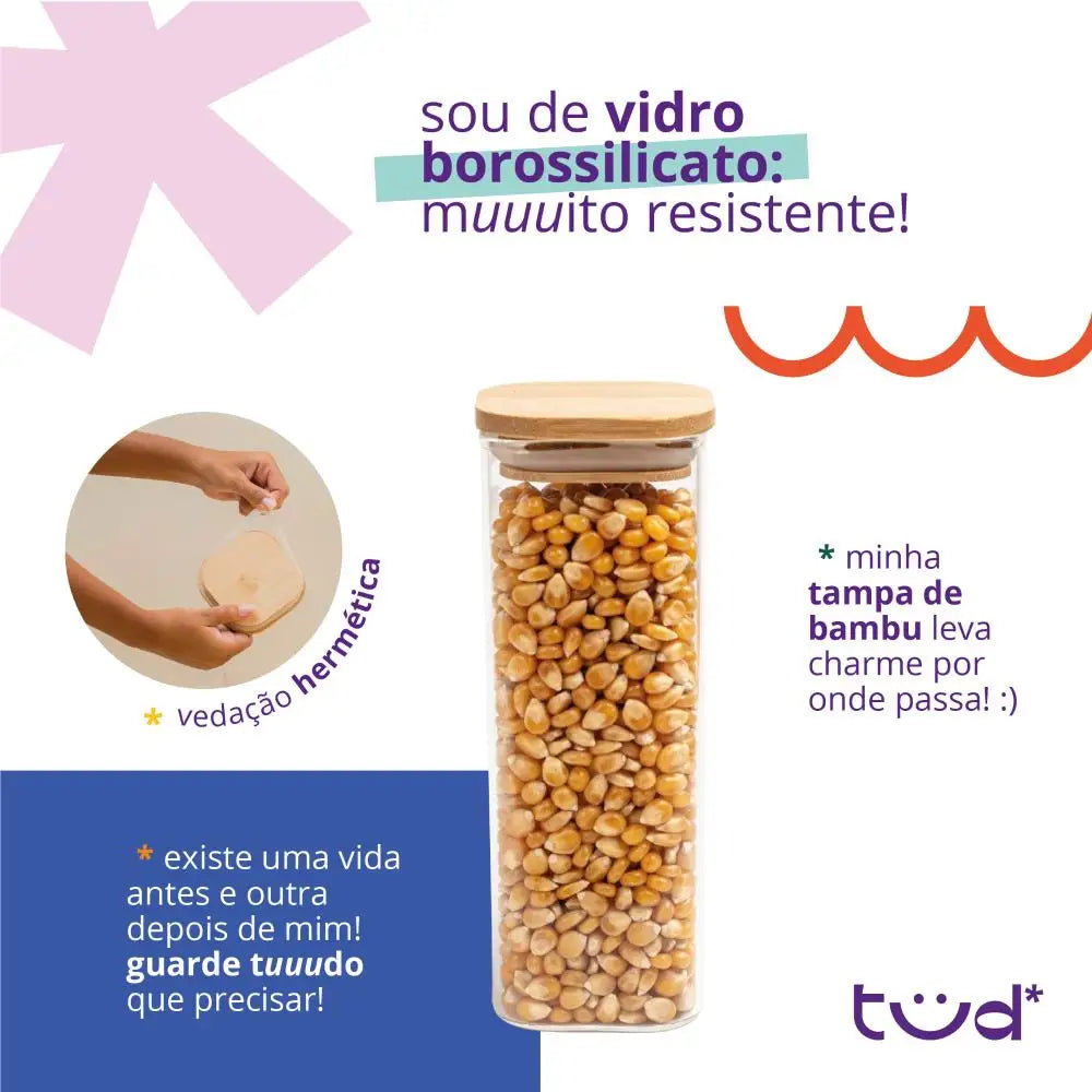 Kit 11 potes de vidro com tampa de bambu herméticos quadrados - Tüd