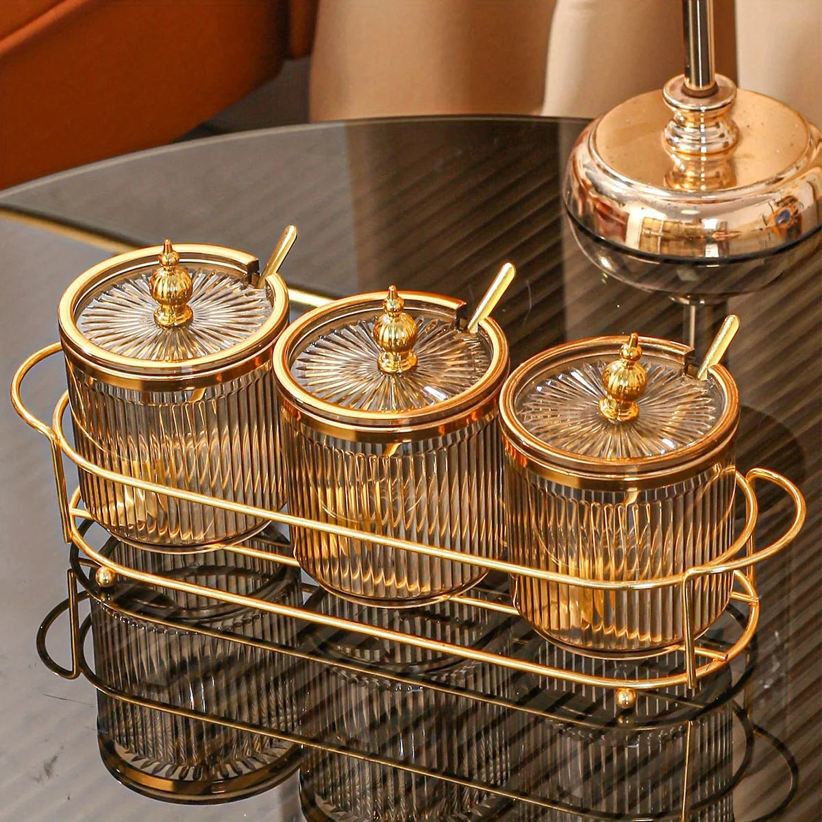 Conjunto Luxo 3 Potes de Temperos com Colher e Rack - Casa Ornato