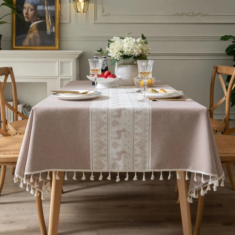 Toalha de mesa de algodão linho listra borla resistente a manchas à prova de poeira capa de mesa rústica para cozinha jantar mesa decoração de natal