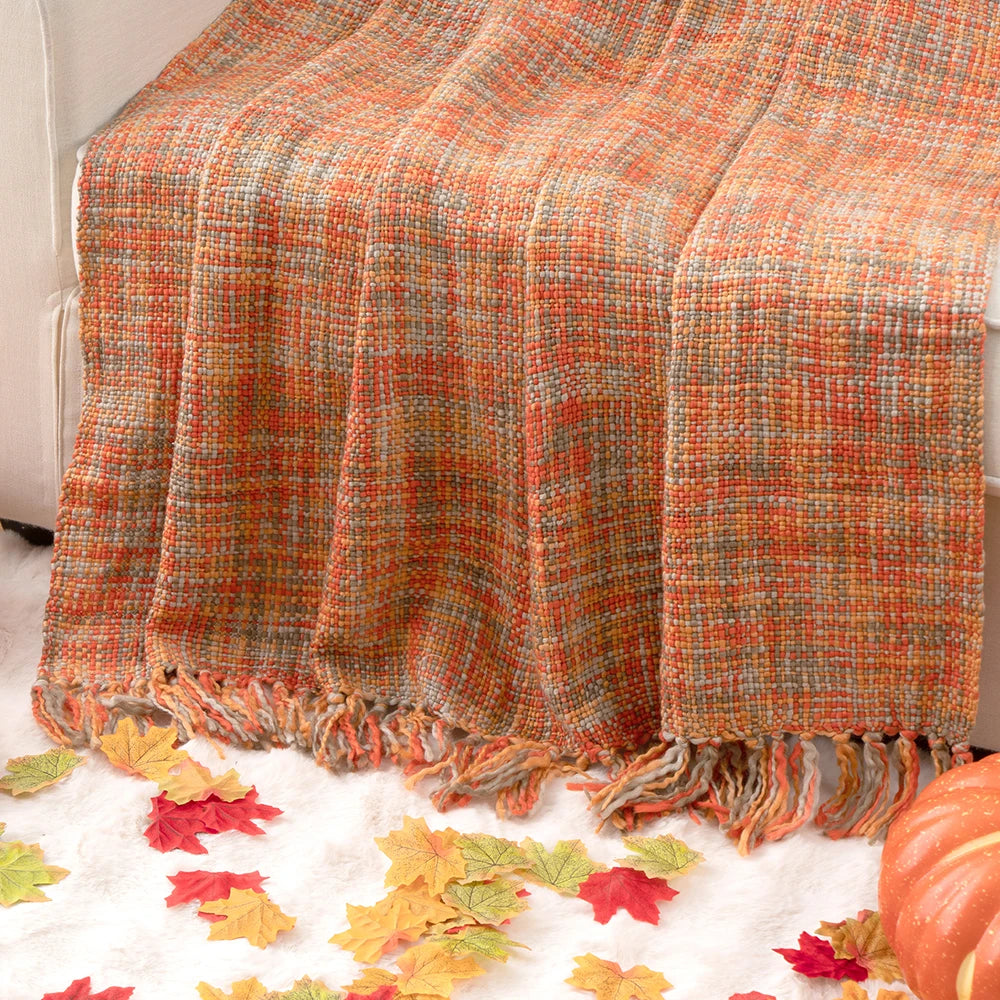 Battilo-Laranja Cobertor Boho com Borlas, cabo colorido cobertores de malha para cama, sofá decorativo outono, decoração para casa