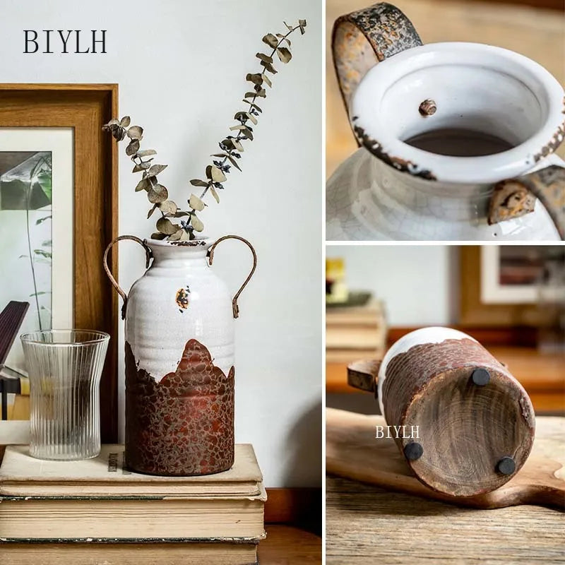 Vaso cerâmico do estilo nórdico com punho dobro, ferro velho retro, forjado, decoração home, tabletop, ornamentos da flor