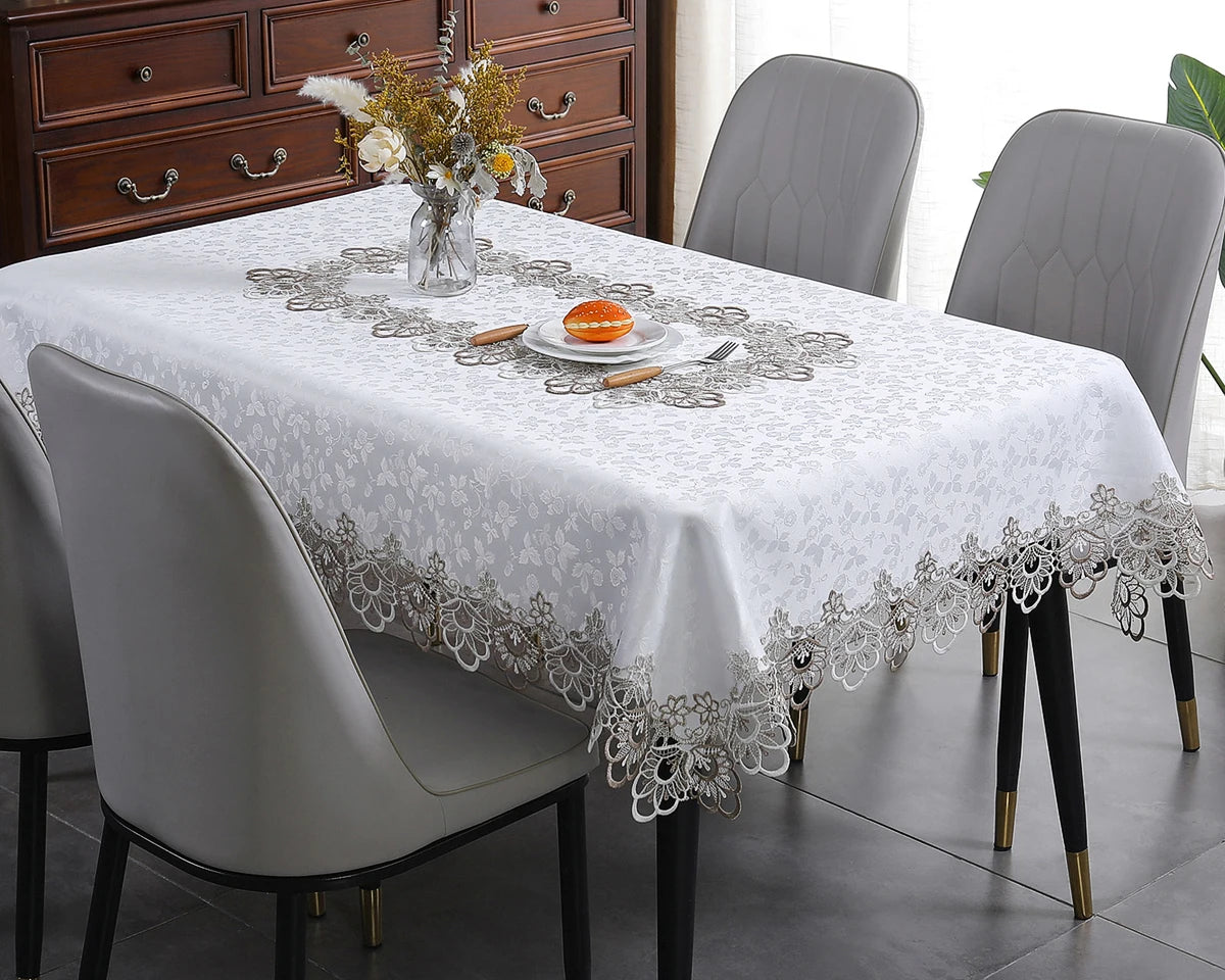 Toalha de mesa bordada de renda batilo, branca, floral, retangular, à prova d'água, para mesa de jantar, festa de casamento, casa