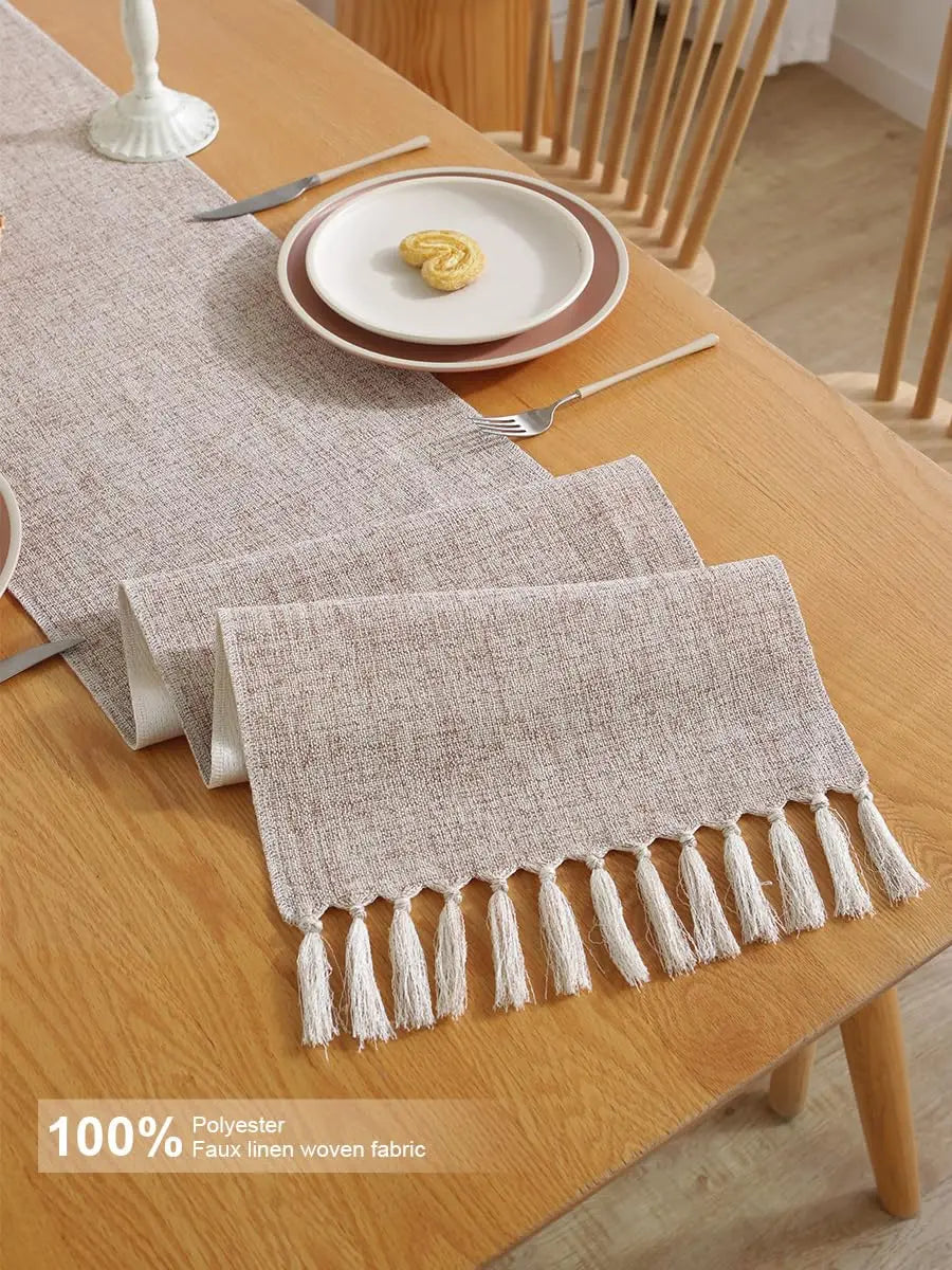 Corredor De Mesa Rústica Com Borlas, Corredor De Mesa Cáqui, Estilo Boho, Feito À Mão, Jantar Em Casa, Mesa De Café, Cozinha