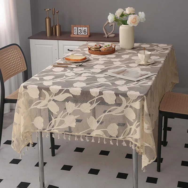Toalha de mesa retangular de renda, decoração e acessórios, toalha de mesa simples com borla, estilo nórdico, panos para casa