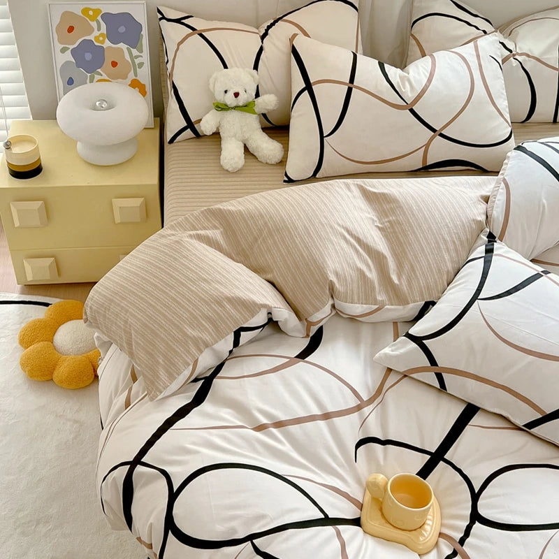 Conjunto de capa de edredom com padrão de linhas abstratas, conjunto de cama geométrica moderna, 100% algodão, capa de edredom amigável à pele com 2 fronhas