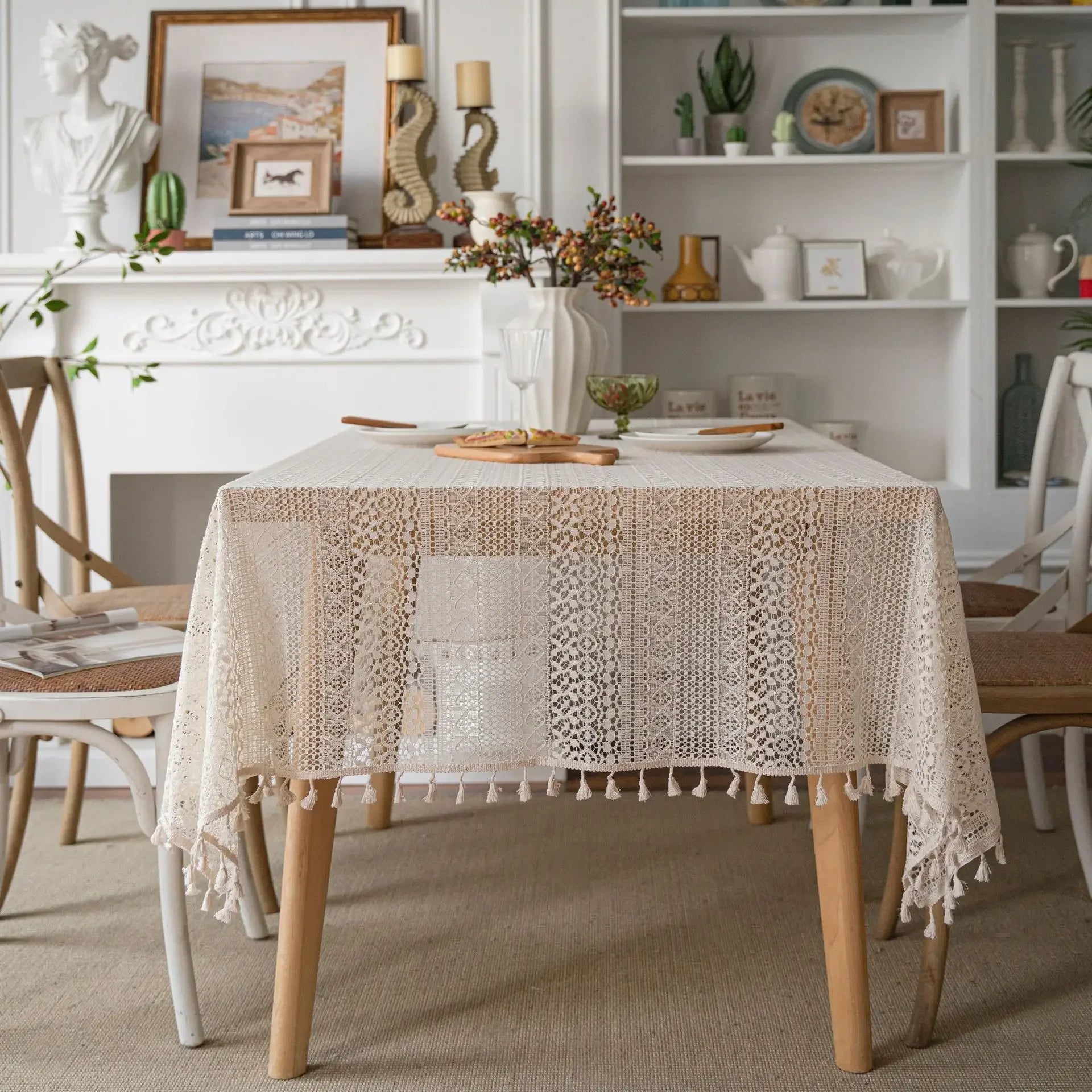 Toalha de mesa de algodão com borlas bege, fio de crochê transparente, renda translúcida para festa de casamento, cozinha, mesa de jantar decorativa