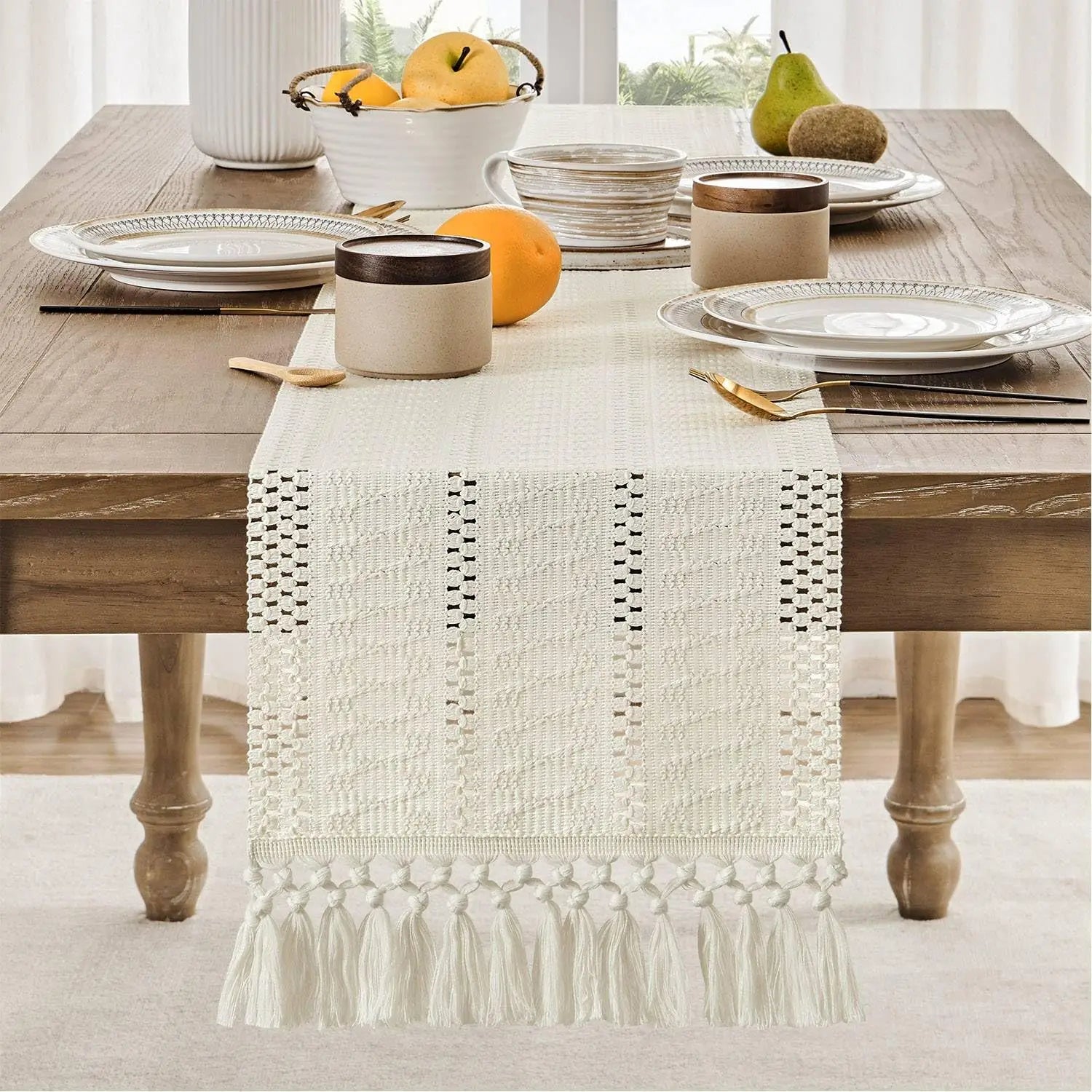 Corredor de mesa boho, corredor de mesa rústico macrame com borlas para casamento, hotel, fazenda, banquete, evento, decoração de jantar
