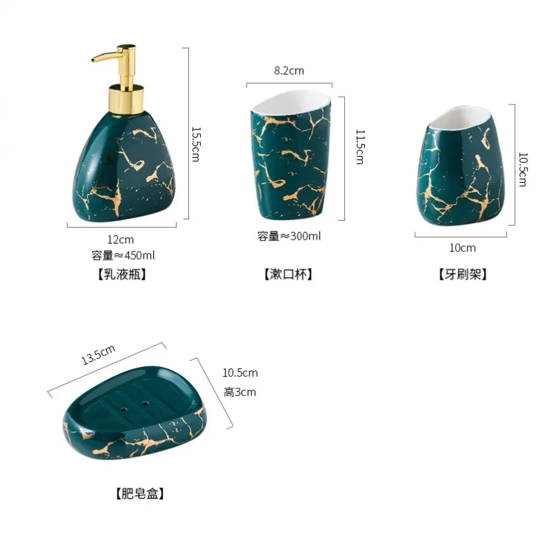 Acessórios do banheiro conjunto mármore ouro padrão cerâmica creme dental dispensador sabão caixa toothbrush titular banheiro copo loção garrafa