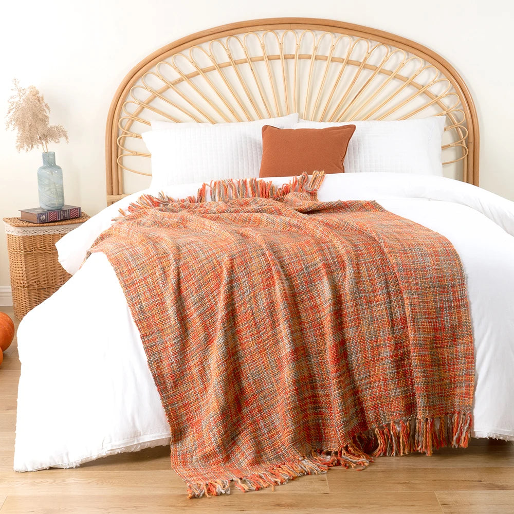 Battilo-Laranja Cobertor Boho com Borlas, cabo colorido cobertores de malha para cama, sofá decorativo outono, decoração para casa