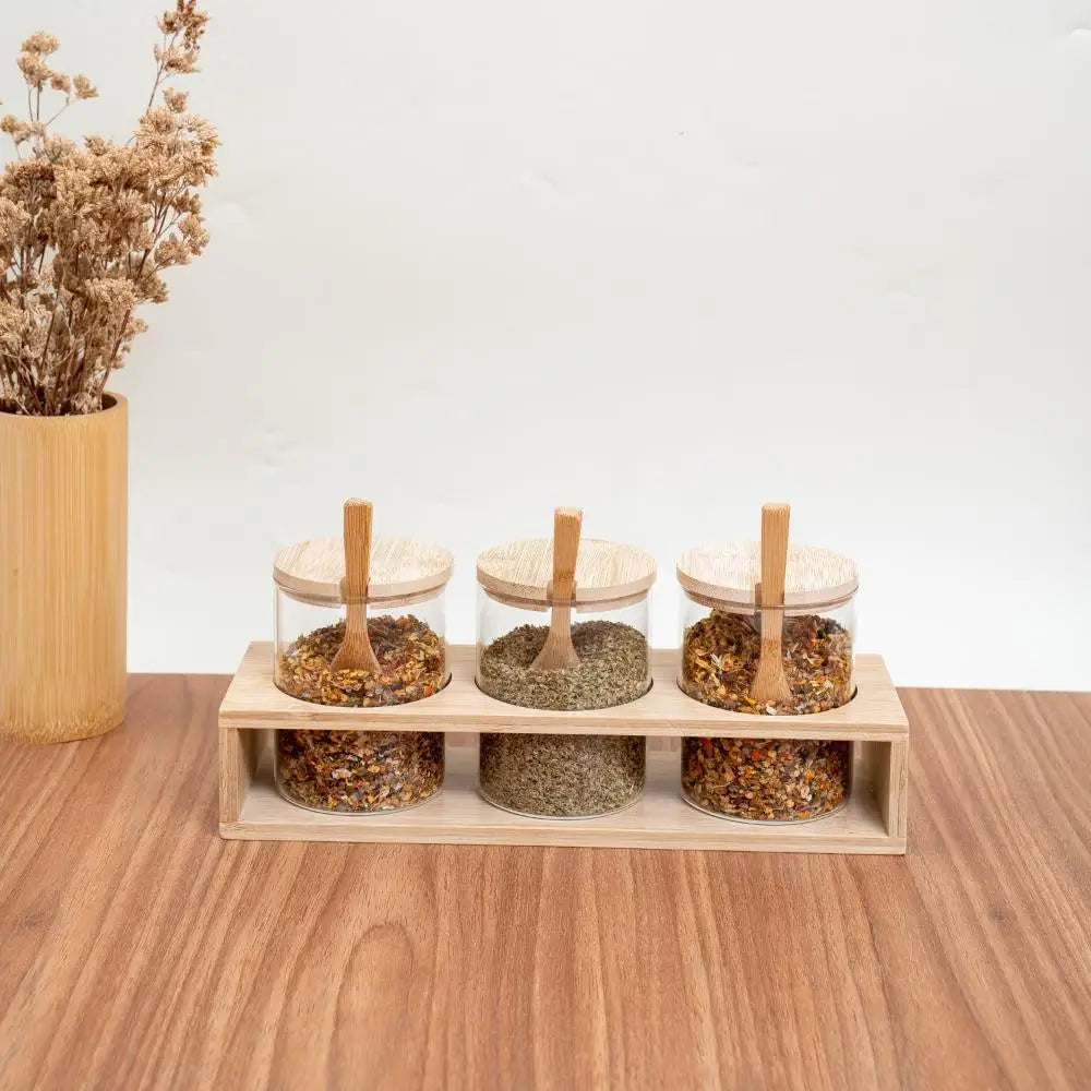 Kit 3 Potes de Vidro com Tampa e Suporte de Bambu - Casa Ornato