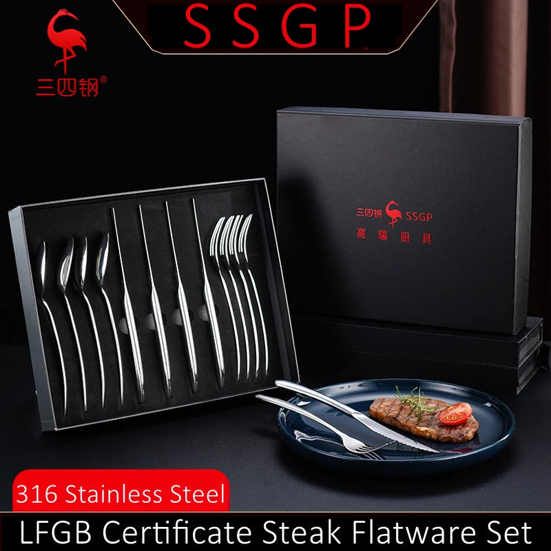 Aço inoxidável Bife Talheres, Facas e Colher e Fork Set, Talheres Clássica, Talheres, Presente da família, Certificado LFGB, 316, 4 Pcs