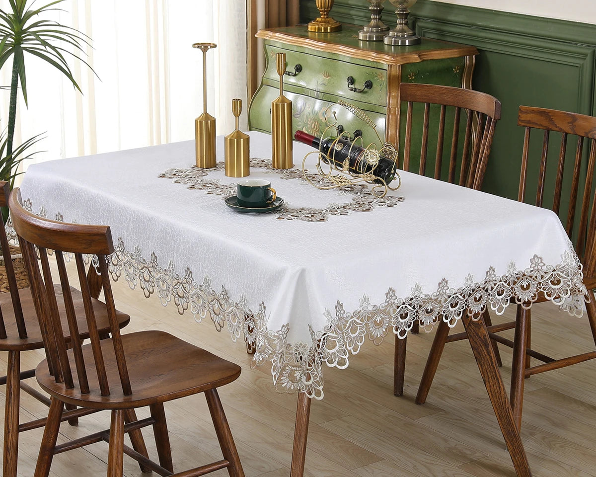 Toalha de mesa bordada de renda batilo, branca, floral, retangular, à prova d'água, para mesa de jantar, festa de casamento, casa