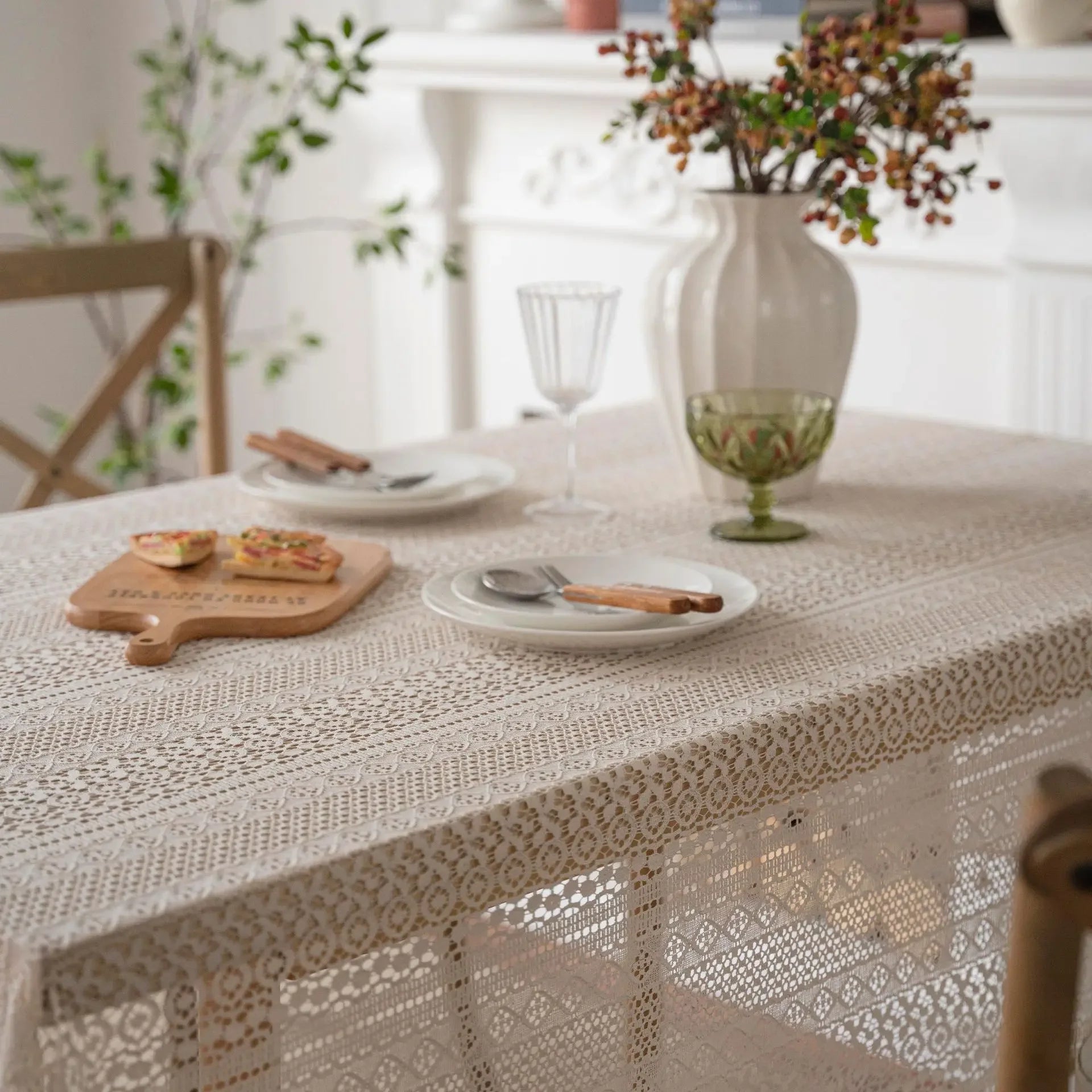 Toalha de mesa de algodão com borlas bege, fio de crochê transparente, renda translúcida para festa de casamento, cozinha, mesa de jantar decorativa