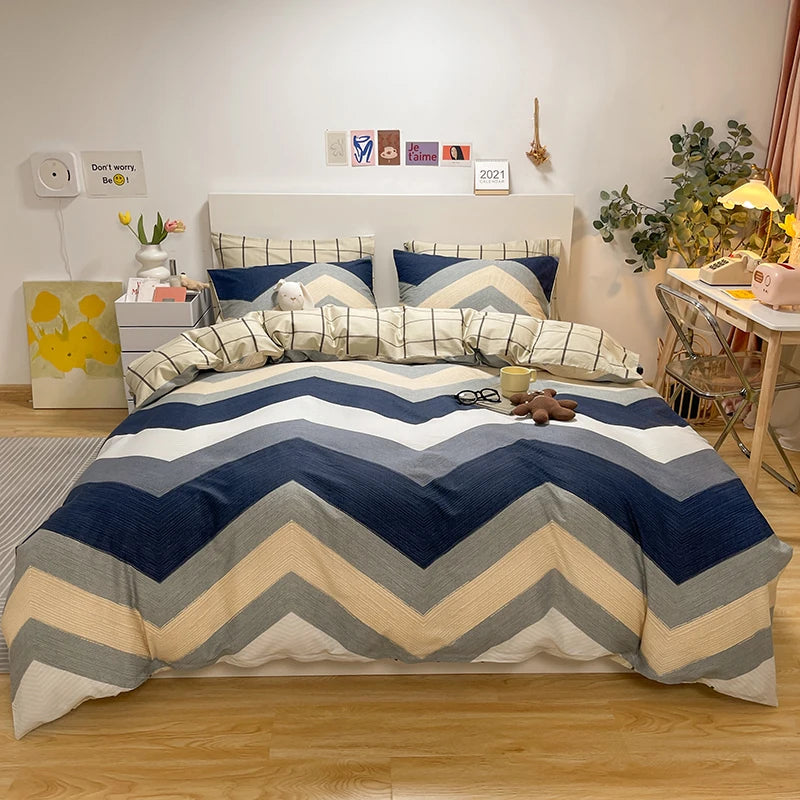 Conjunto de capa de edredom com padrão de linhas abstratas, conjunto de cama geométrica moderna, 100% algodão, capa de edredom amigável à pele com 2 fronhas