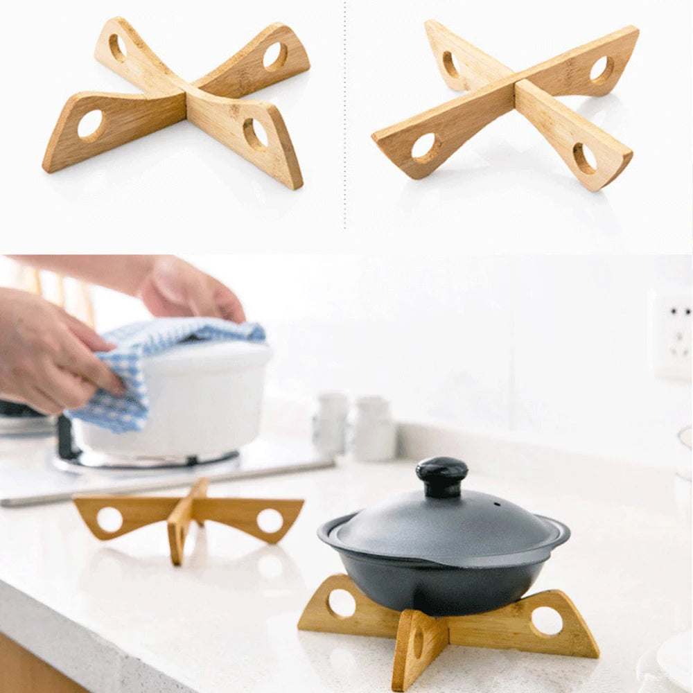 Suporte de bambu Cross Pot, Trivet Pan Rack, isolamento térmico, suporte de madeira anti-calor, dispositivo de cozinha, 1 Pc
