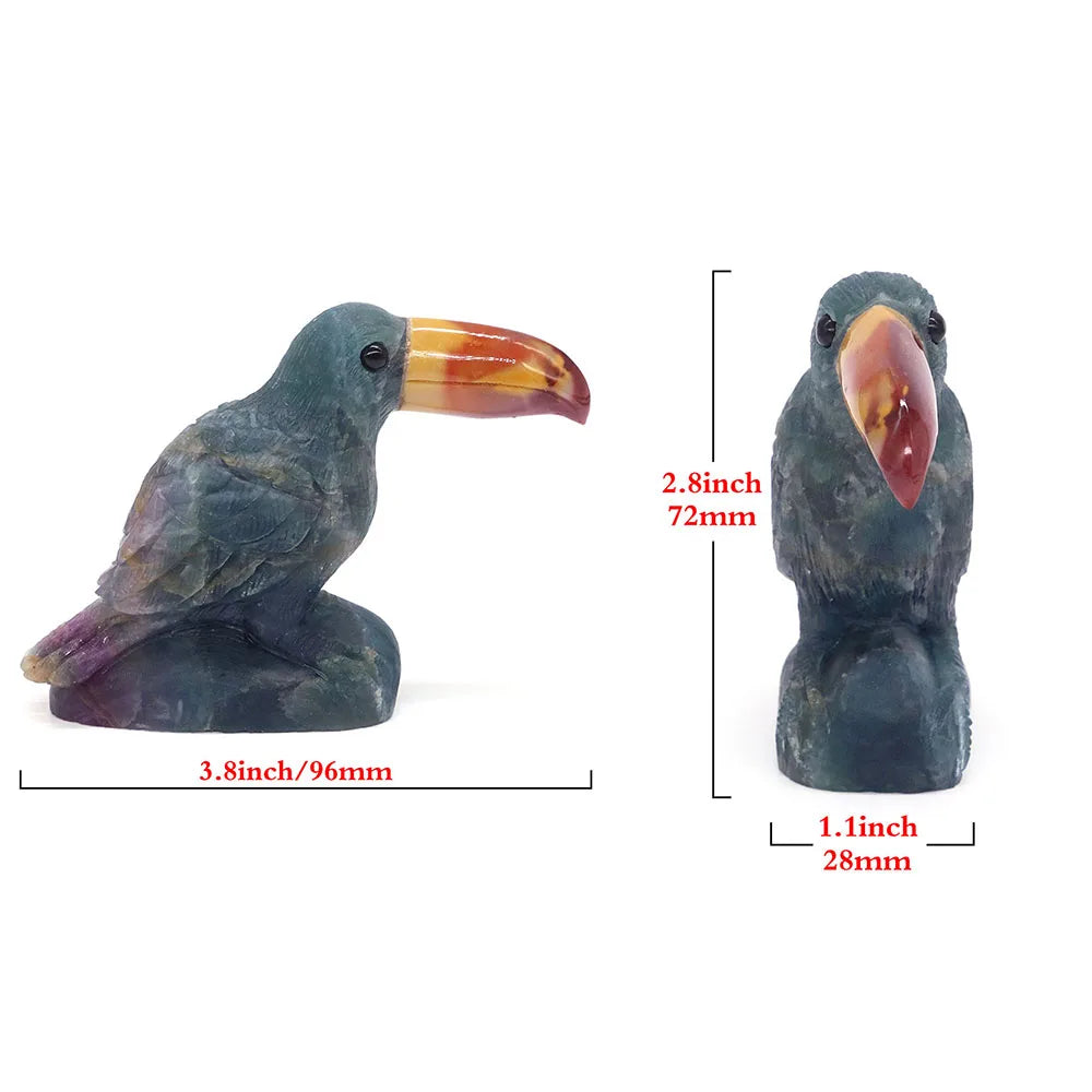 3.8 "pedra preciosa natural fluorite crytal tucano estátua reiki cura pedra escultura animal droll pássaro estatueta artesanato decoração de casa