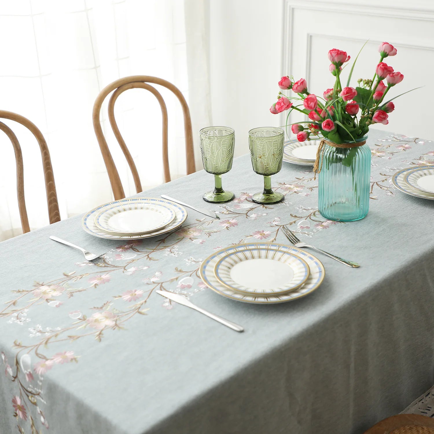 Toalhas de mesa bordadas de linho de algodão retângulo capa de mesa à prova de poeira, toalhas de mesa com padrão de flor bordada, decoração de festa