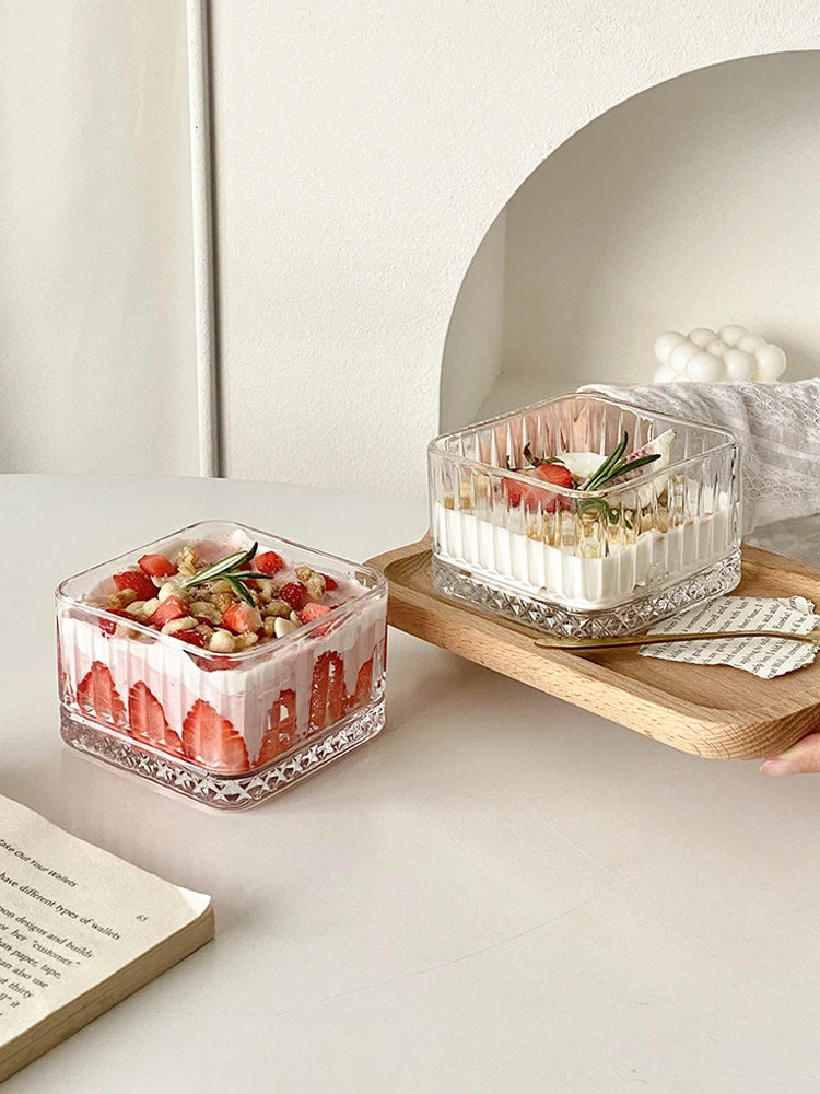 Transparente Praça tigela de vidro listrado para meninas, almoço tigela, sobremesa lanche, sorvete, sorvete, iogurte, fruta, aveia