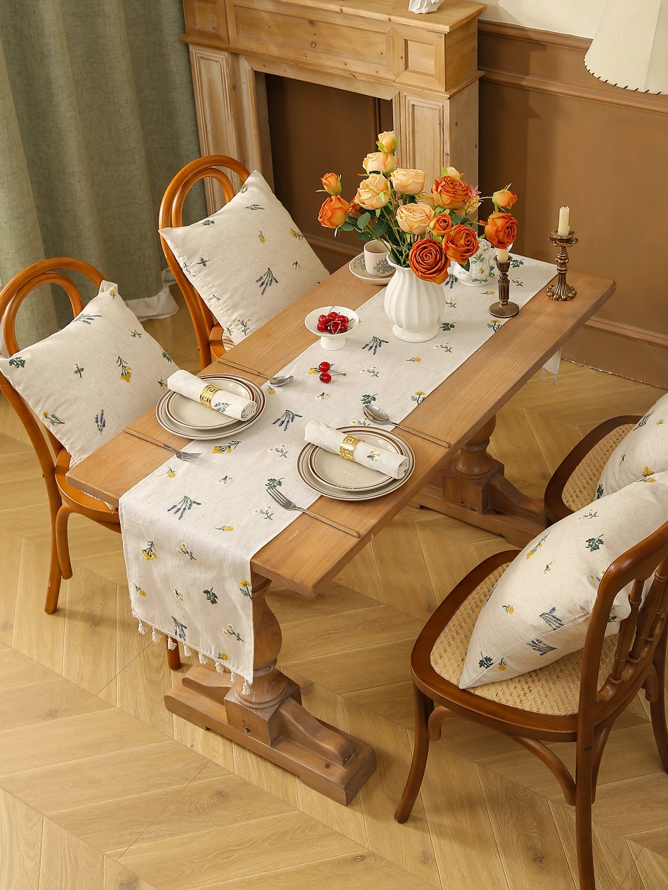 Toalha de mesa bordada com franjas de trigo, estilo rústico, mesa de jantar, cozinha, sala de estar, decoração de mesa de café