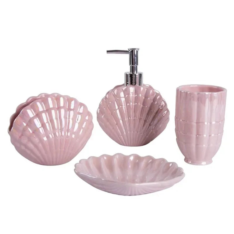 Cerâmica Shell Forma Banheiro Acessório Set, Ferramentas de lavar roupa, Garrafa Mouthwash Cup, Sabão Toothbrush Holder, Artigos domésticos