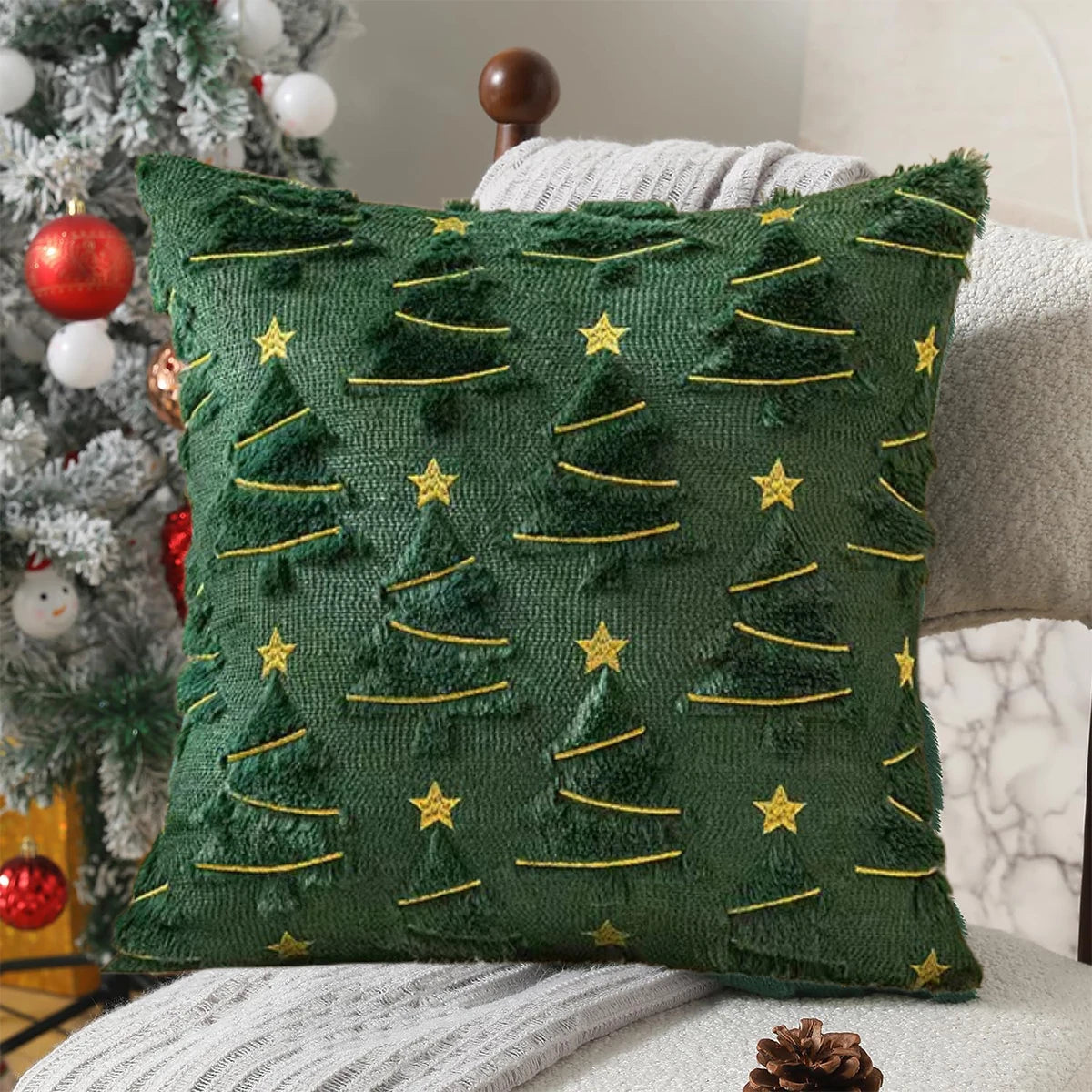 1pc capas de almofada de árvore de natal de pelúcia, fronha de árvore de natal de pelúcia esmeralda com estrelas douradas e design de galhos de pinheiro-18in
