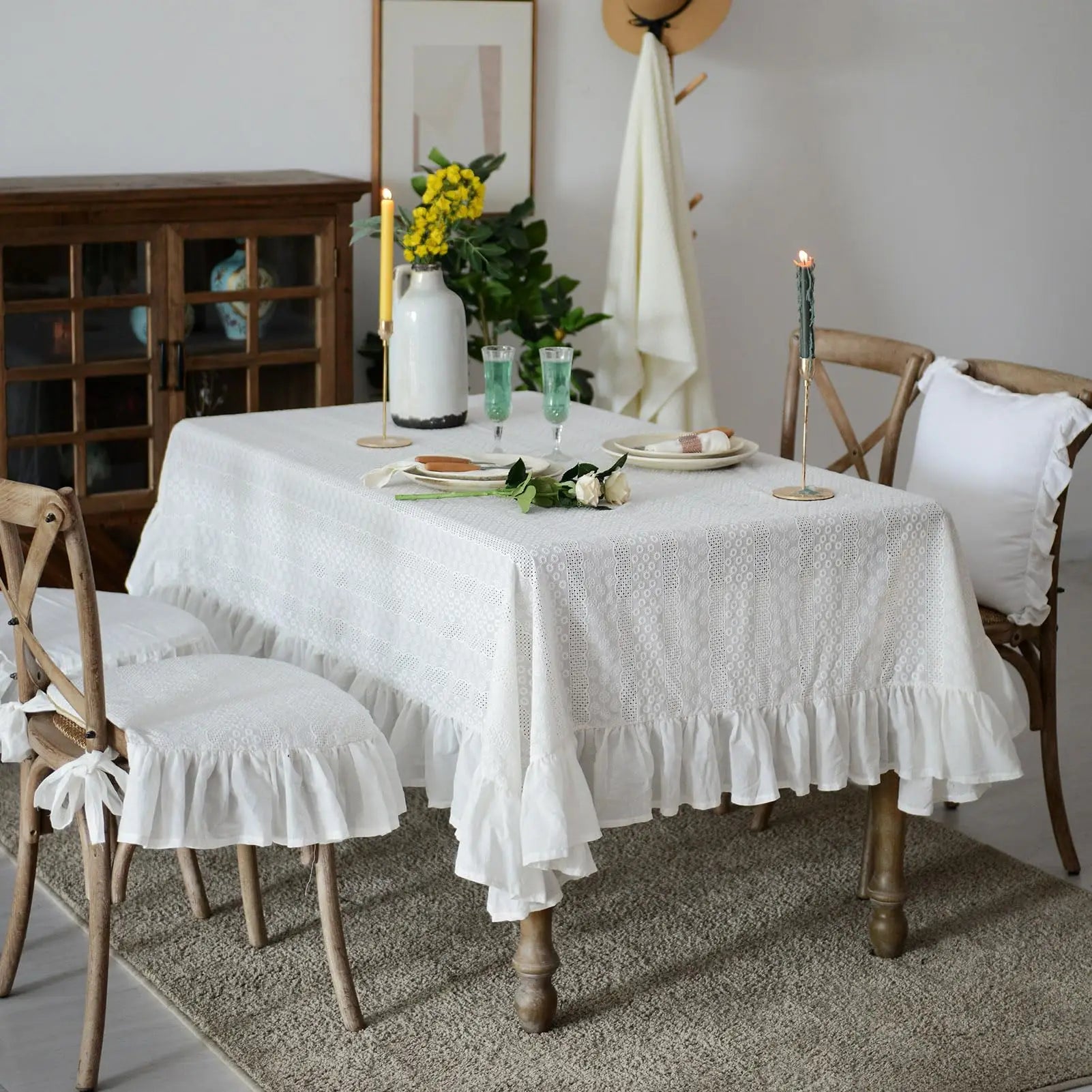 Toalha de mesa de algodão branco francês, renda bordada com babados, toalha de mesa rústica para casa, festa de feriado, natal