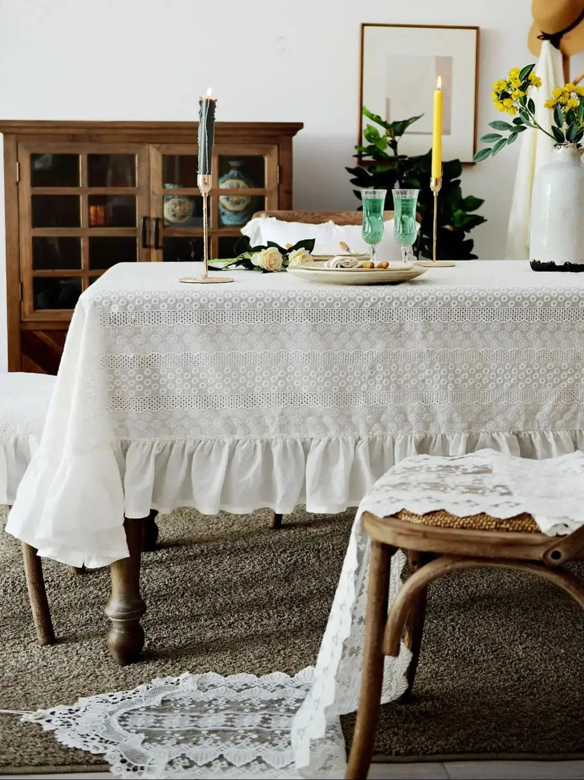 Toalha de mesa de algodão branco francês, renda bordada com babados, toalha de mesa rústica para casa, festa de feriado, natal