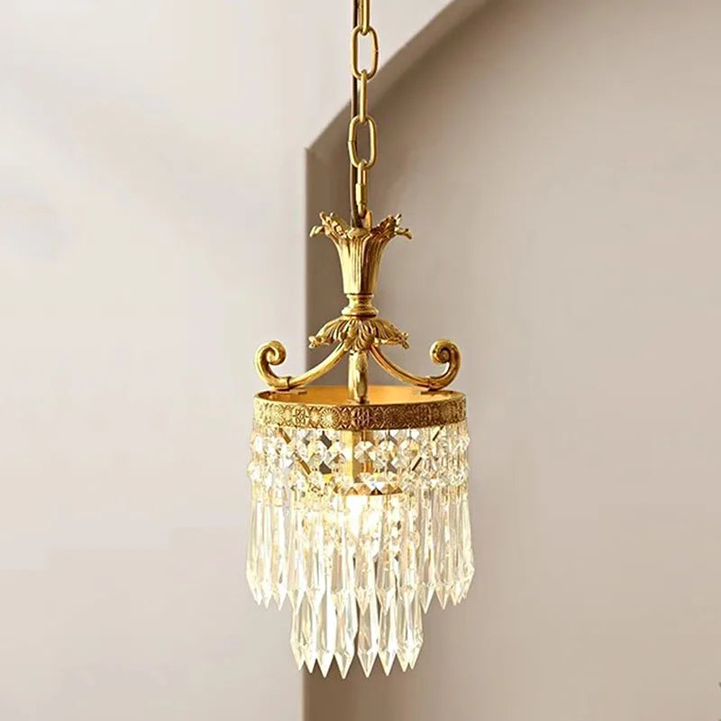 Francês retro estilo de cristal cobre pequeno lustre quarto cabeceira pendurado lâmpada corredor varanda vestiário iluminação pendente