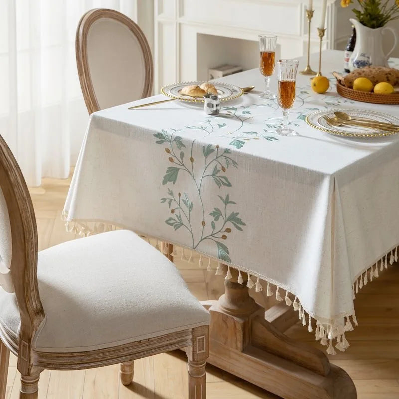 Toalhas de mesa bordadas de linho de algodão retângulo capa de mesa à prova de poeira, toalhas de mesa com padrão de flor bordada, decoração de festa