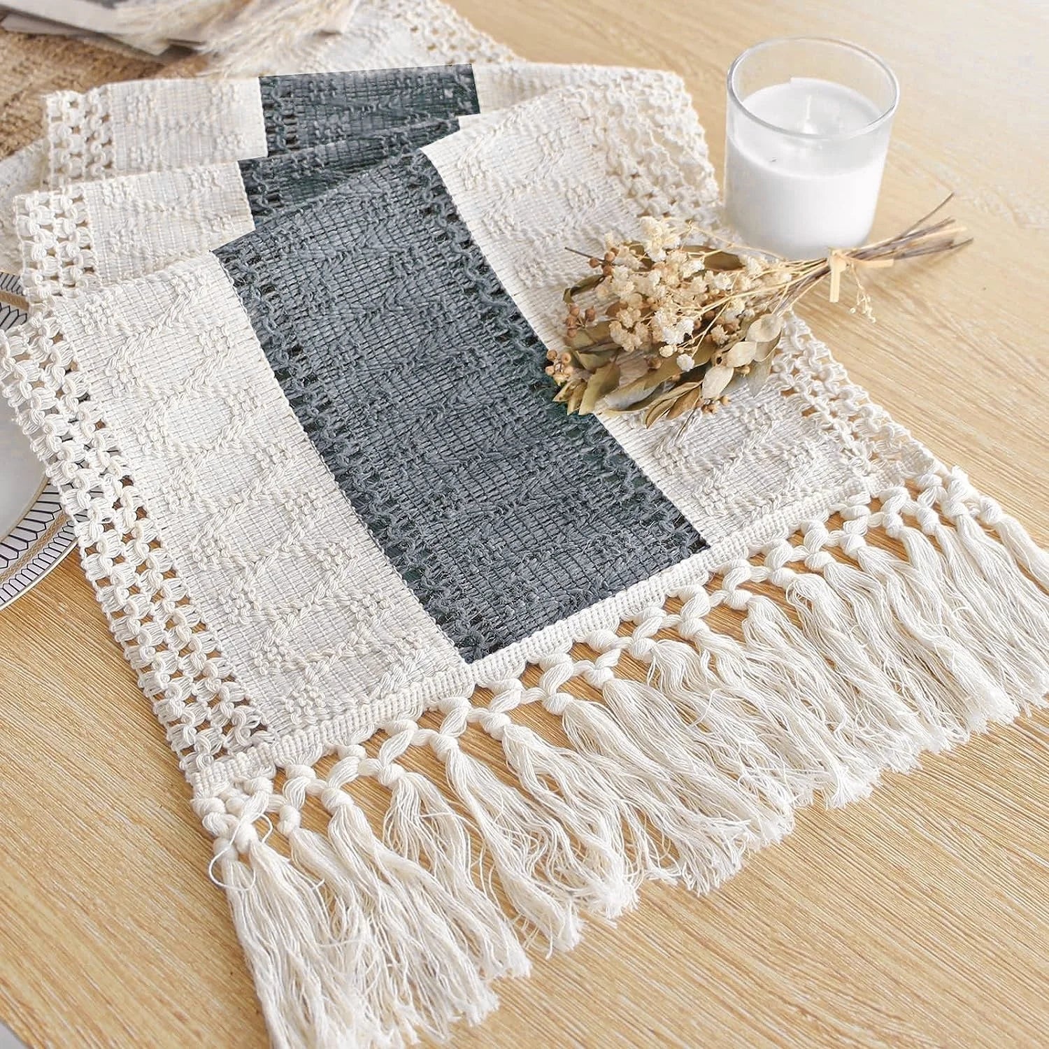 Corredor de mesa macrame creme bege e cinza boho corredor de mesa com borlas tecido à mão corredor de mesa rústico para cozinha sala de jantar