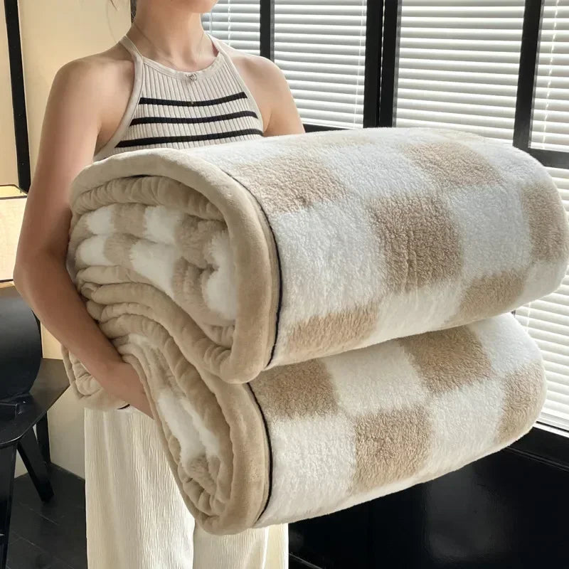 Inverno grosso um grau xadrez coral velo macio quente grosso cobertores de cama de pelúcia sofá cobertor folha de cama material de escritório em casa