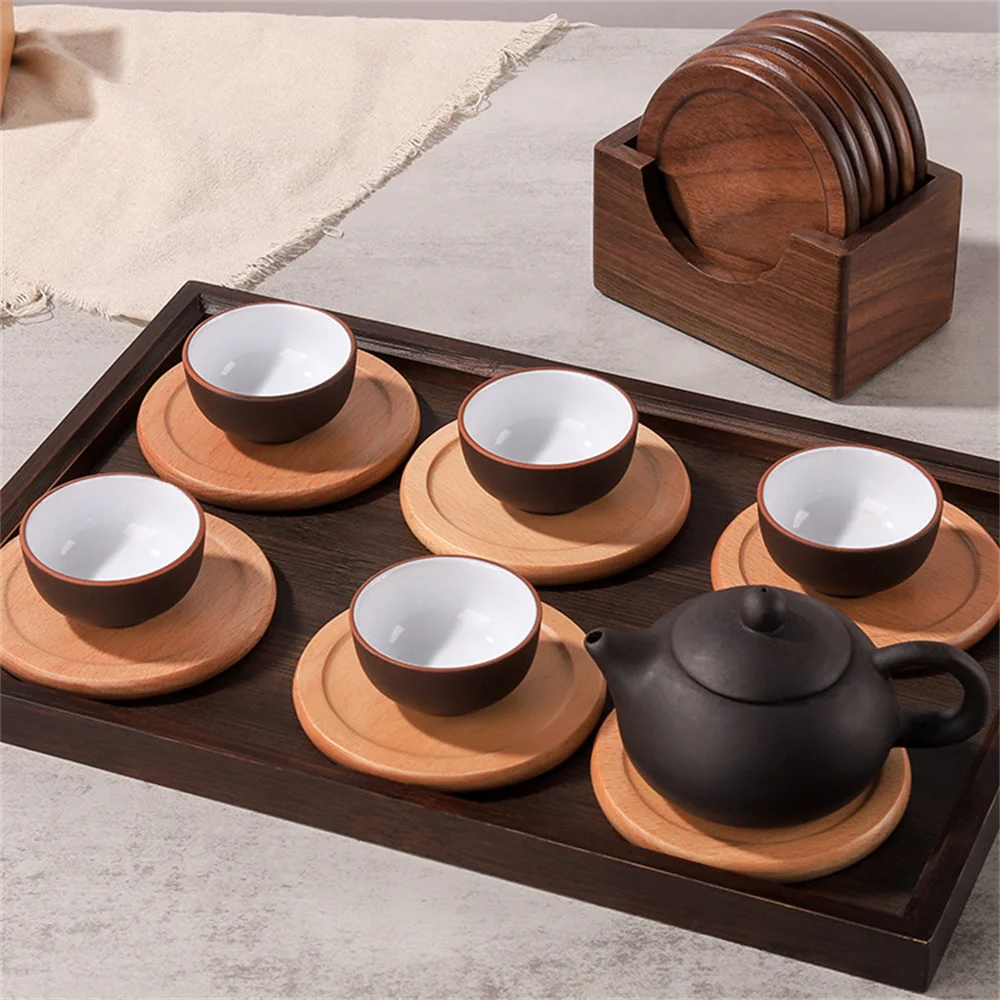 6 pçs/set porta-copos de madeira de nogueira placemats decorativos redondos isolados porta-copos de bebidas japoneses decoração de casa