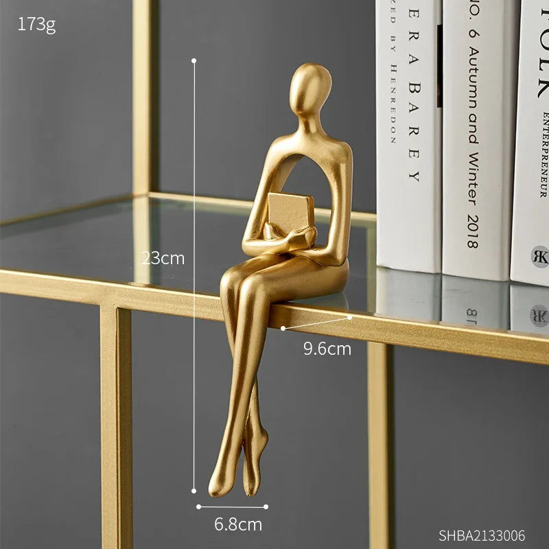 Golden Bookshelf Escultura Decorações para Sala De Estar, Figurinhas Modernas, Decoração Para Casa, Estátuas Do Pensador, Prateleira Mesa Decor