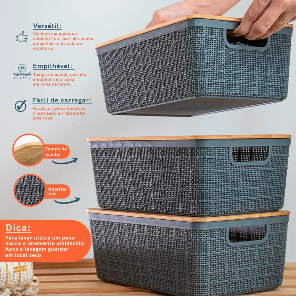 Kit 3 Caixas Organizadoras 4 Litros Cinza C/ Tampa Bambu Oikos