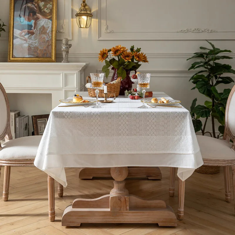 Toalha de mesa de algodão branco francês, renda bordada com babados, toalha de mesa rústica para casa, festa de feriado, natal