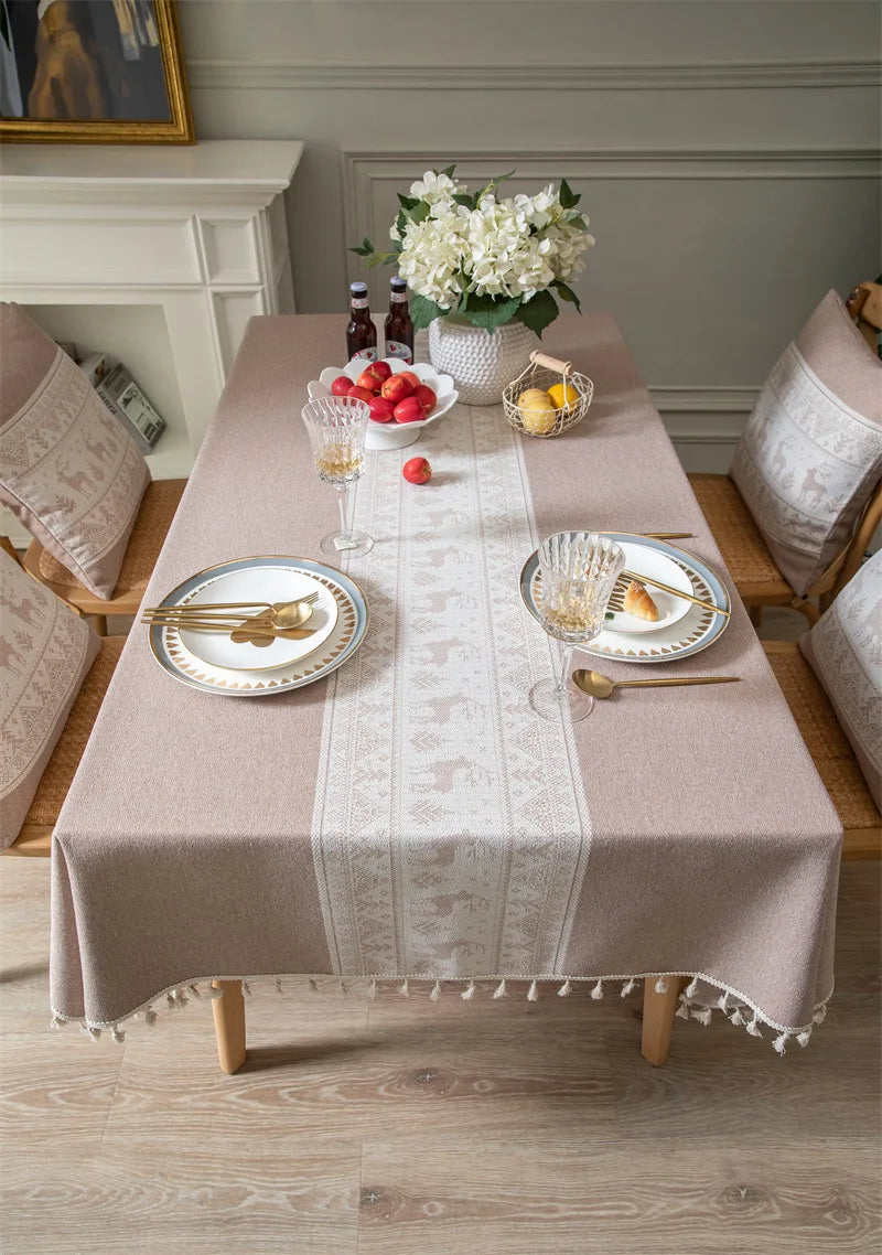 Toalha de mesa de algodão linho listra borla resistente a manchas à prova de poeira capa de mesa rústica para cozinha jantar mesa decoração de natal