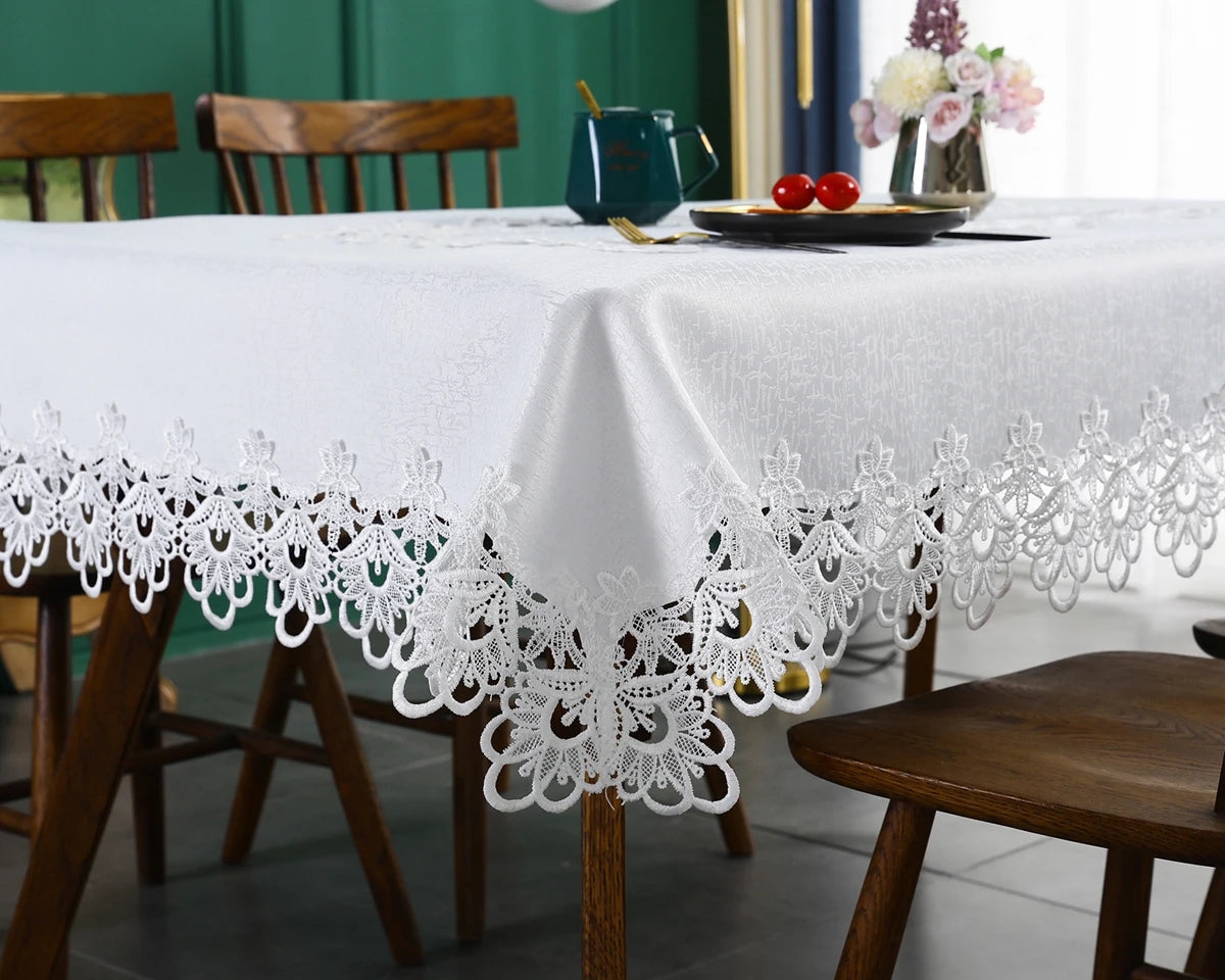 Toalha de mesa bordada de renda batilo, branca, floral, retangular, à prova d'água, para mesa de jantar, festa de casamento, casa