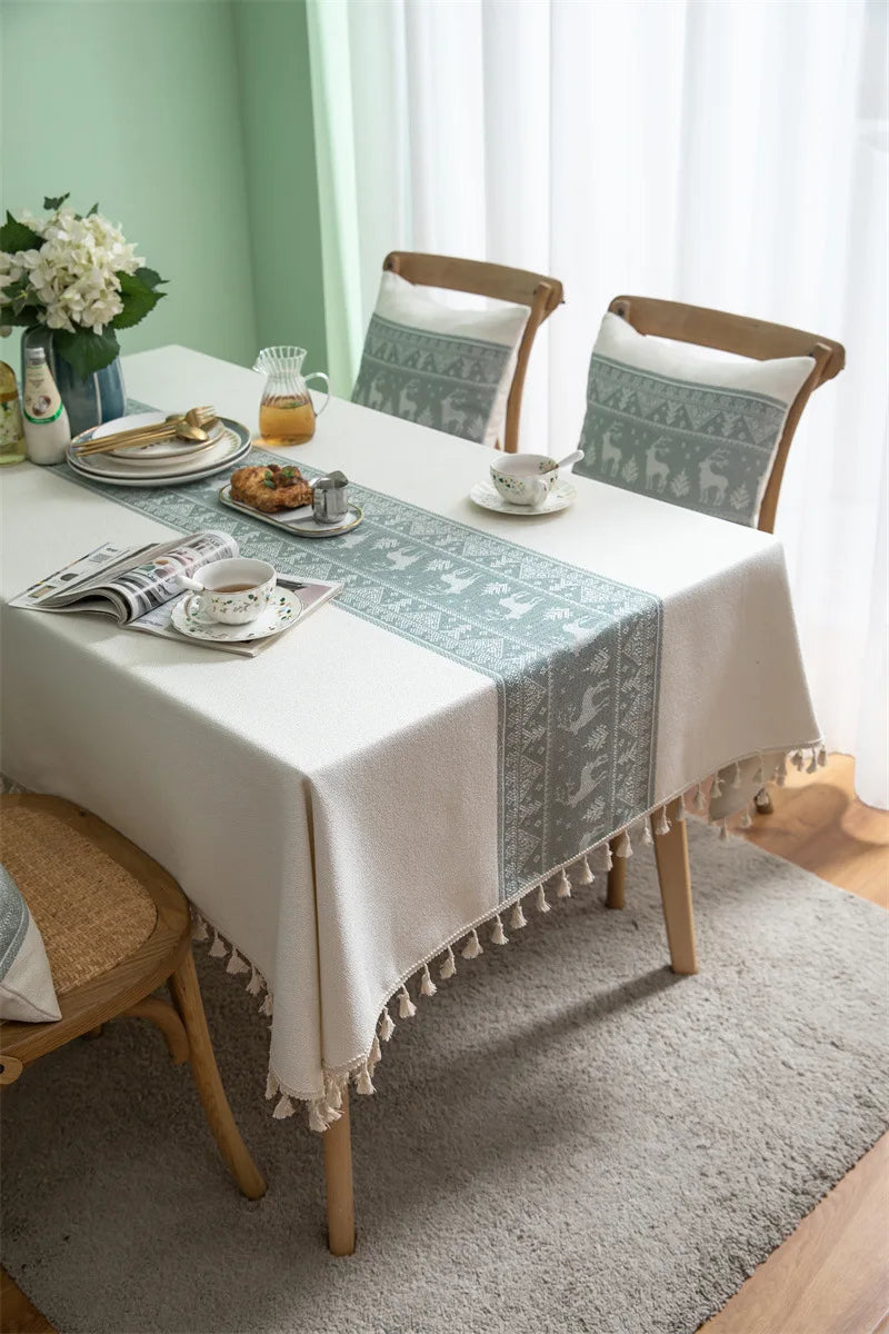 Toalha de mesa de algodão linho listra borla resistente a manchas à prova de poeira capa de mesa rústica para cozinha jantar mesa decoração de natal