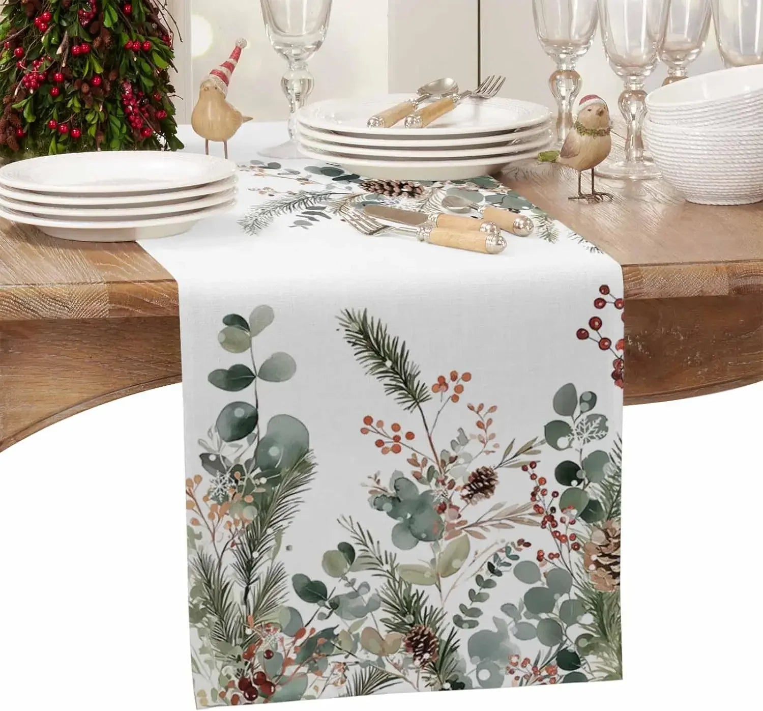 Natal botânico pinha eucalipto folhas corredores de mesa de linho decoração da sala de jantar corredores de mesa reutilizáveis decorações de natal