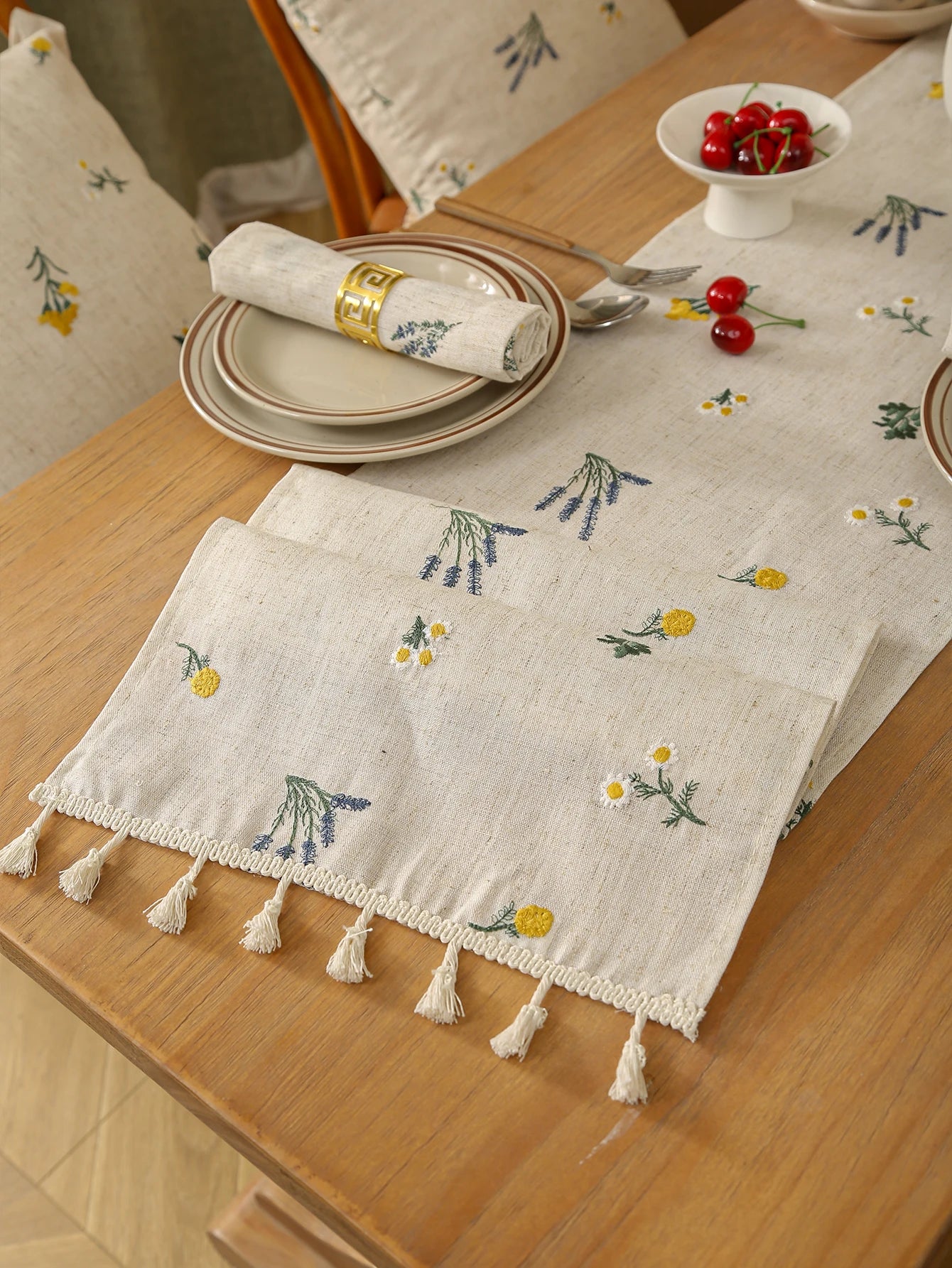 Toalha de mesa bordada com franjas de trigo, estilo rústico, mesa de jantar, cozinha, sala de estar, decoração de mesa de café