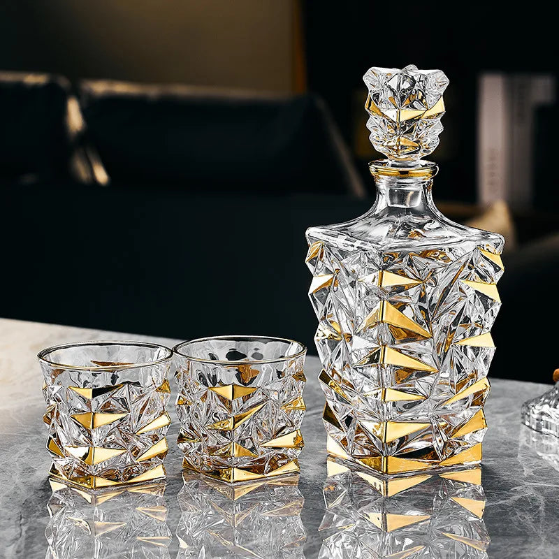 Decantador de vinho tinto de vidro de cristal, jarro de vinho estrangeiro, desenho de linha dourada, garrafa de uísque, dispensador de licor, 1 garrafa, 2 copos