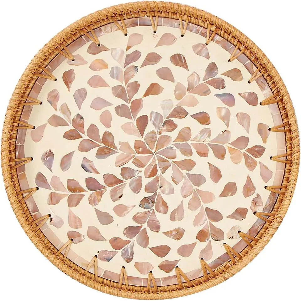 Bandeja redonda de vime com incrustação de madrepérola, bandeja de servir de vime, base de madeira, armazenamento e exibição de café, pão, comida, frutas