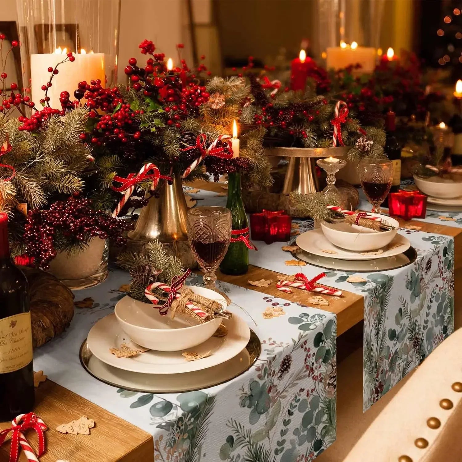 Natal botânico pinha eucalipto folhas corredores de mesa de linho decoração da sala de jantar corredores de mesa reutilizáveis decorações de natal